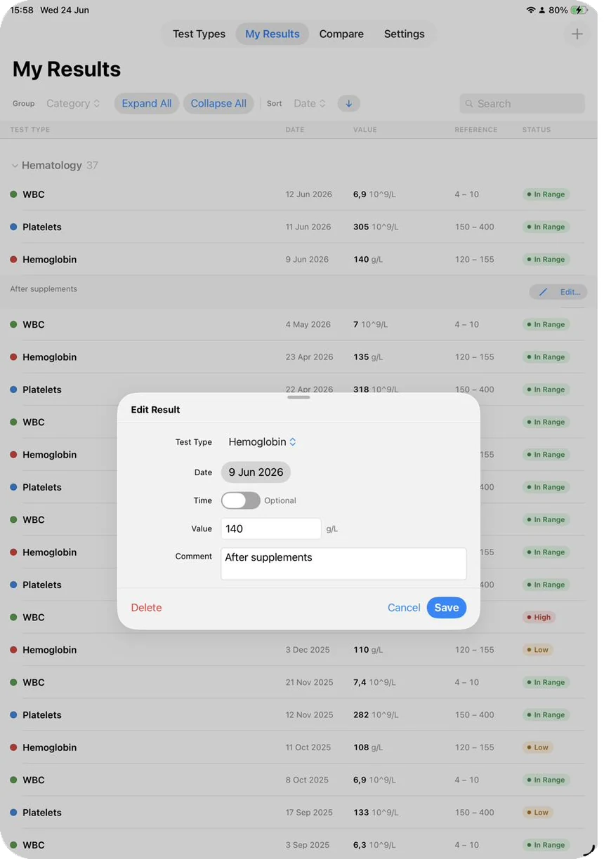 The results list with coloured in-range, high, and low status pills