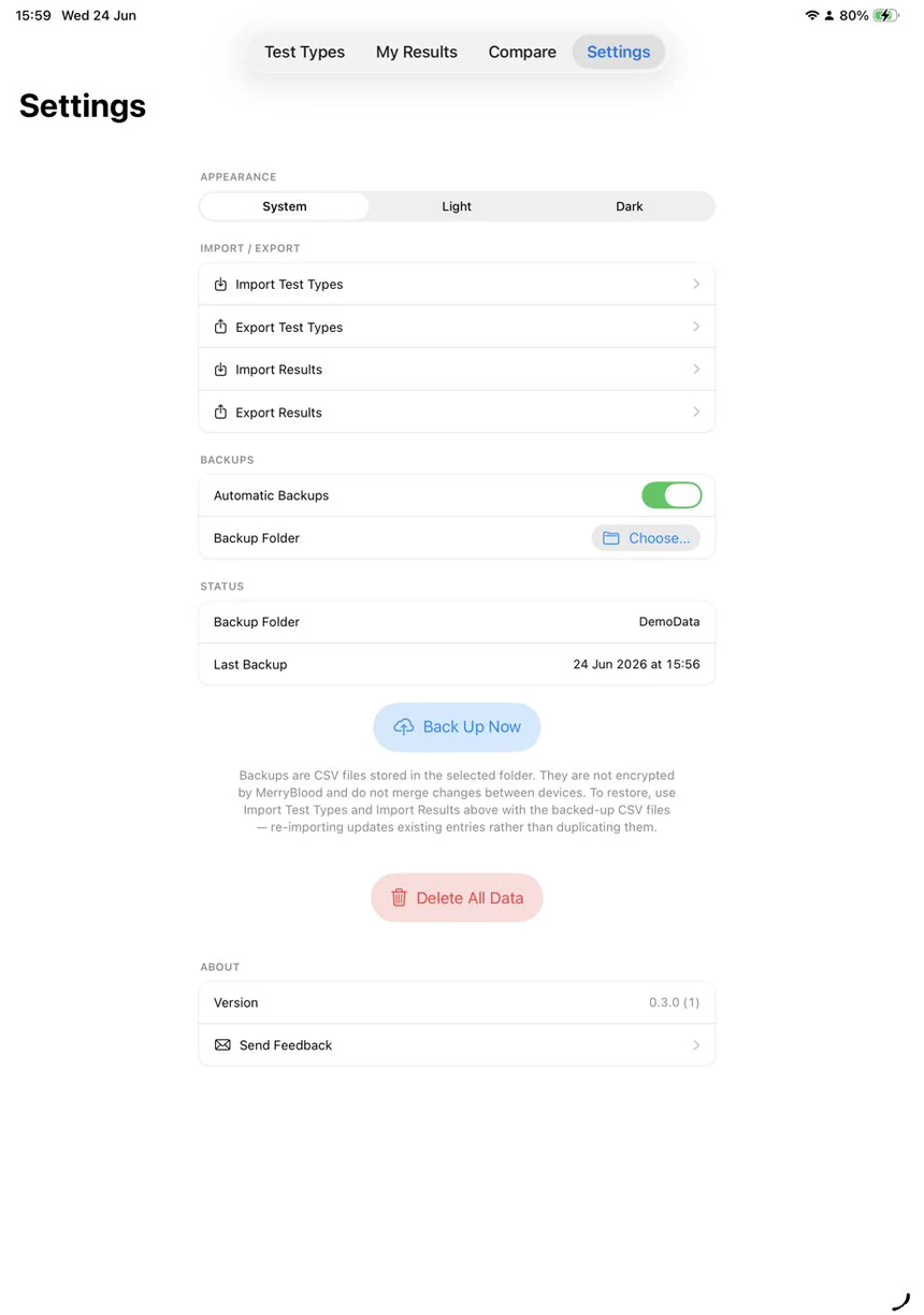 The settings screen with import, export, and folder-based backup options